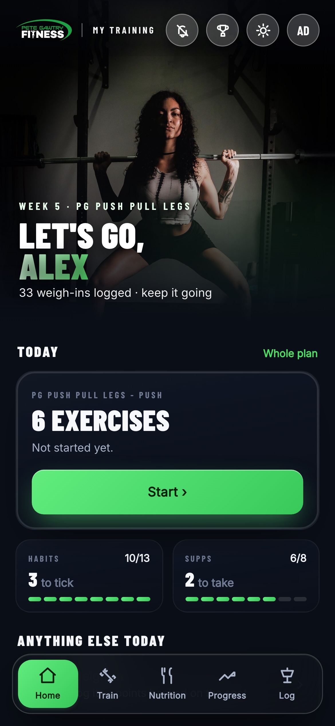 Home screen with the five tabs