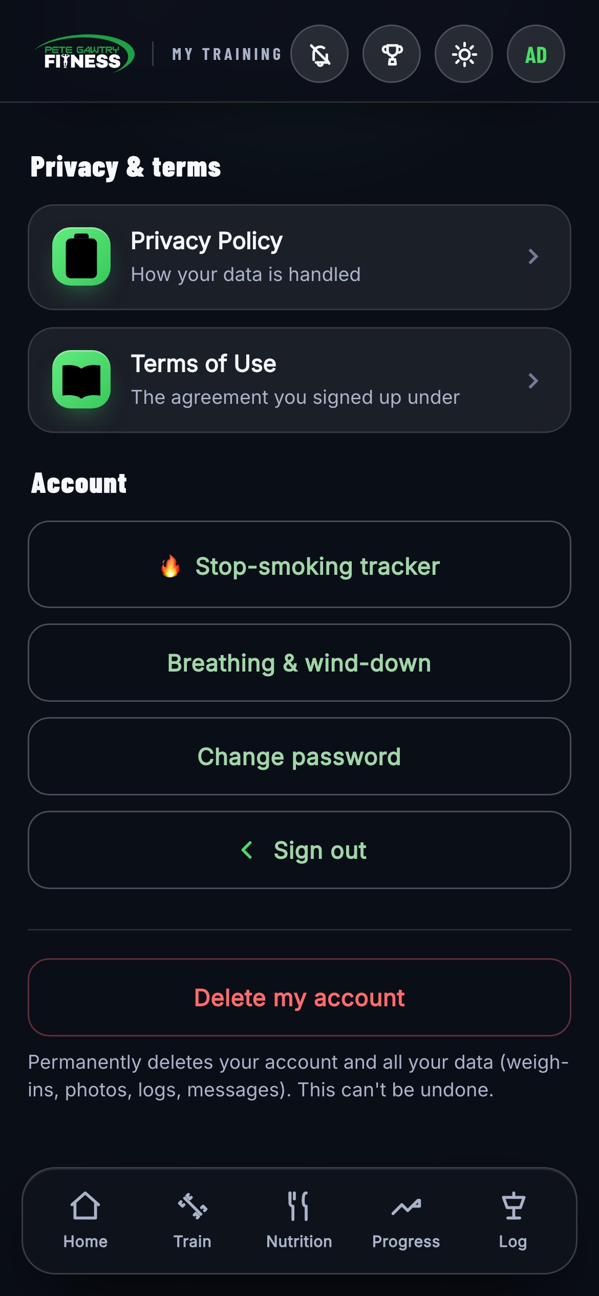 The settings screen