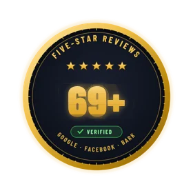 69+ five-star reviews across Google, Facebook and Bark