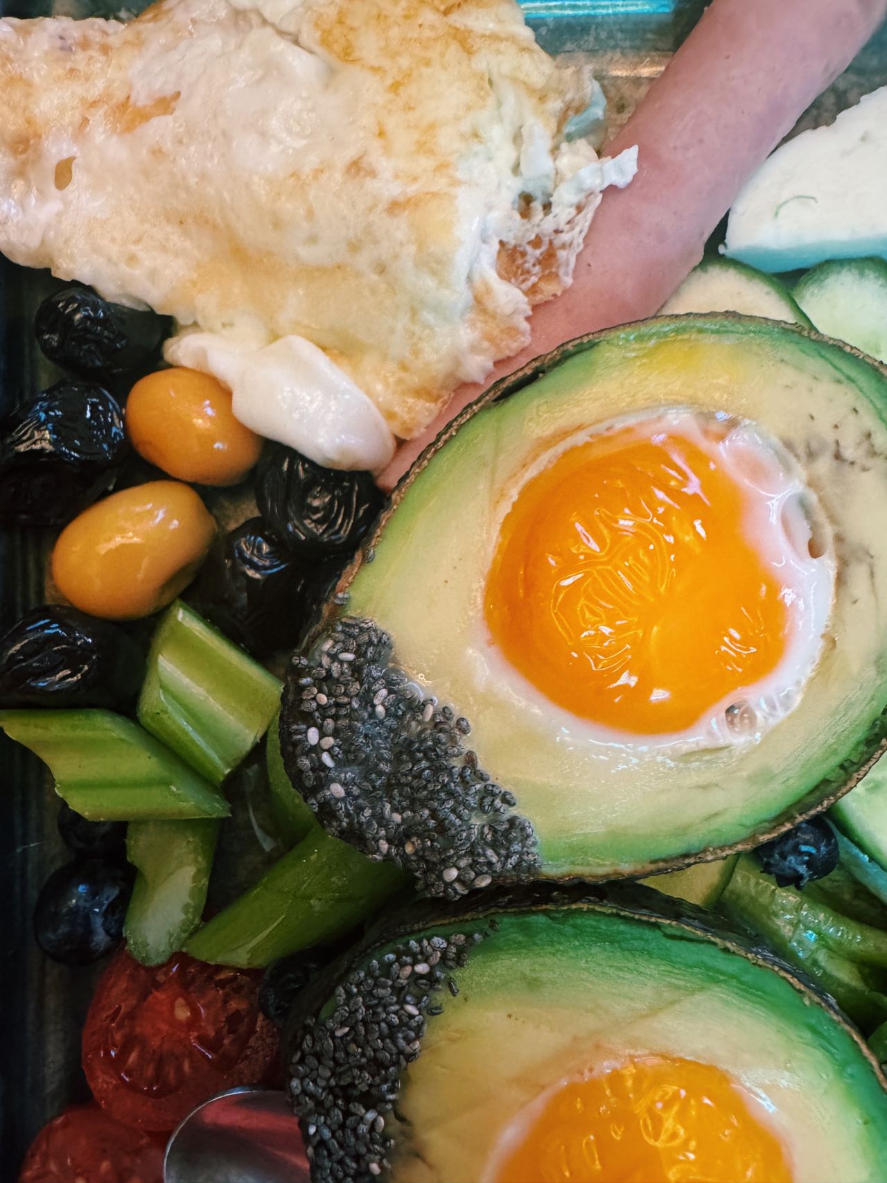 Keto plate with avocado, eggs and healthy fats