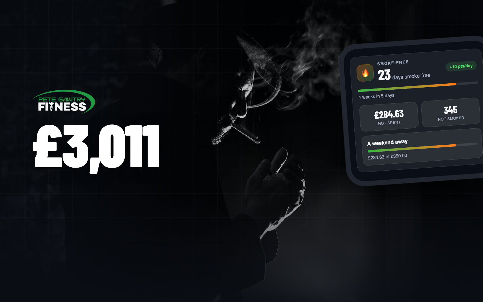 A smoker in the dark, and the stop-smoking tracker inside the Pete Gawtry Fitness coaching app showing days smoke-free, money not spent and cigarettes not smoked