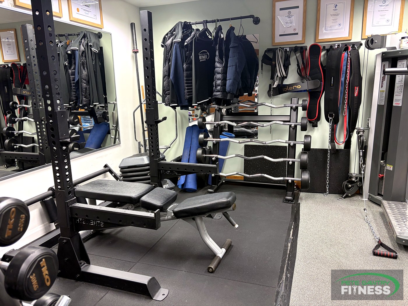 The half squat rack and fixed barbells at Pete Gawtry's private training studio in Leeds