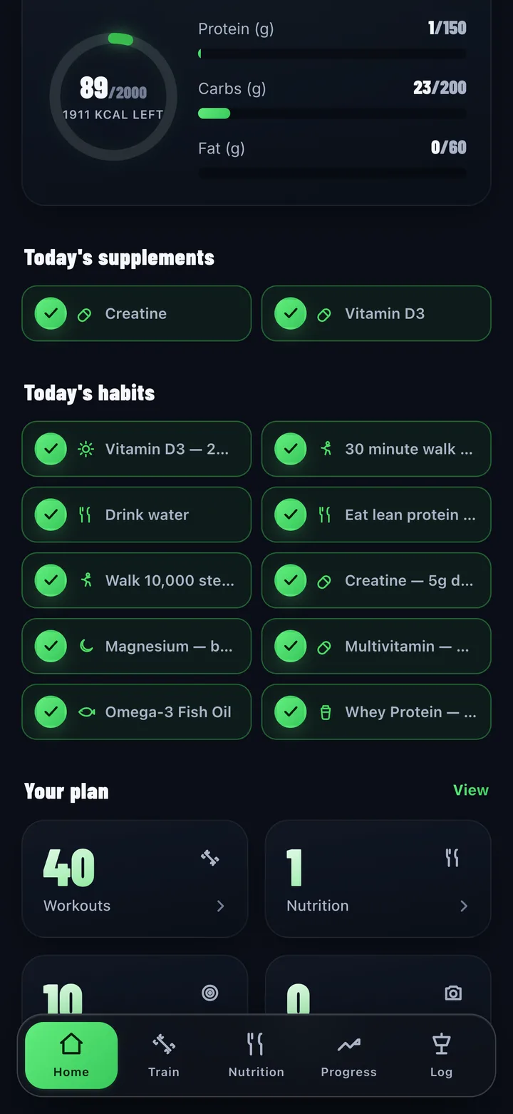 Daily habits and supplements tracker in the Pete Gawtry Fitness app