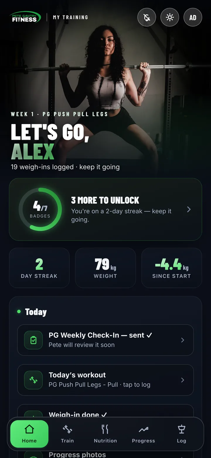 The Pete Gawtry Fitness app home screen: today's session, your streak and your weight trend