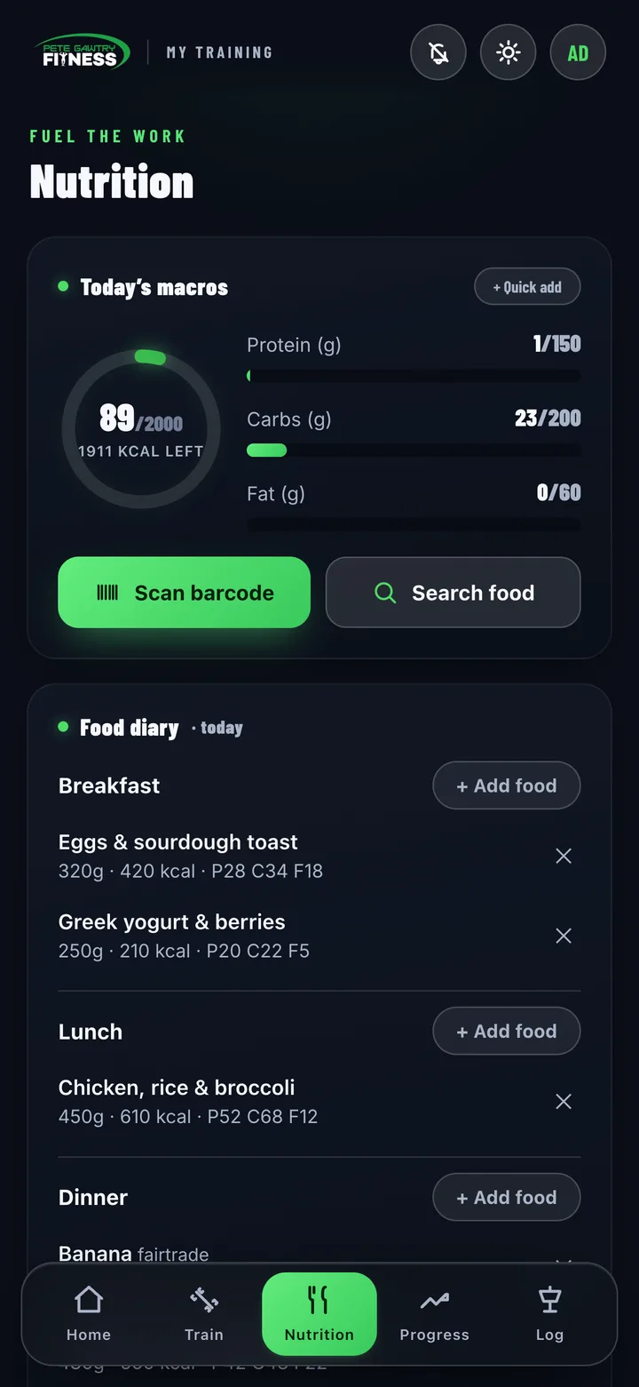 Nutrition tracking with barcode scanner in the Pete Gawtry Fitness app