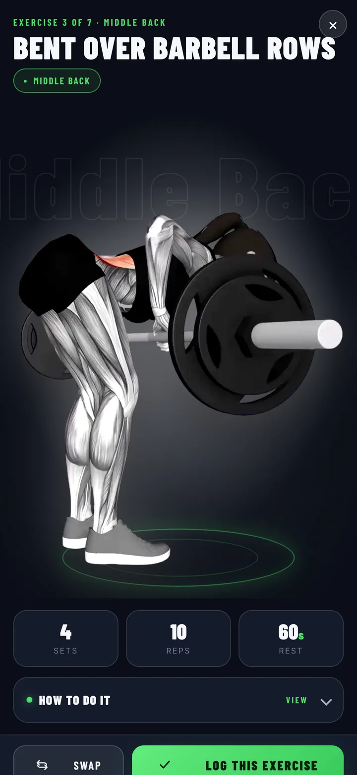 Full-screen animated exercise demonstration in the Pete Gawtry Fitness app — bent over barbell rows with sets, reps and rest