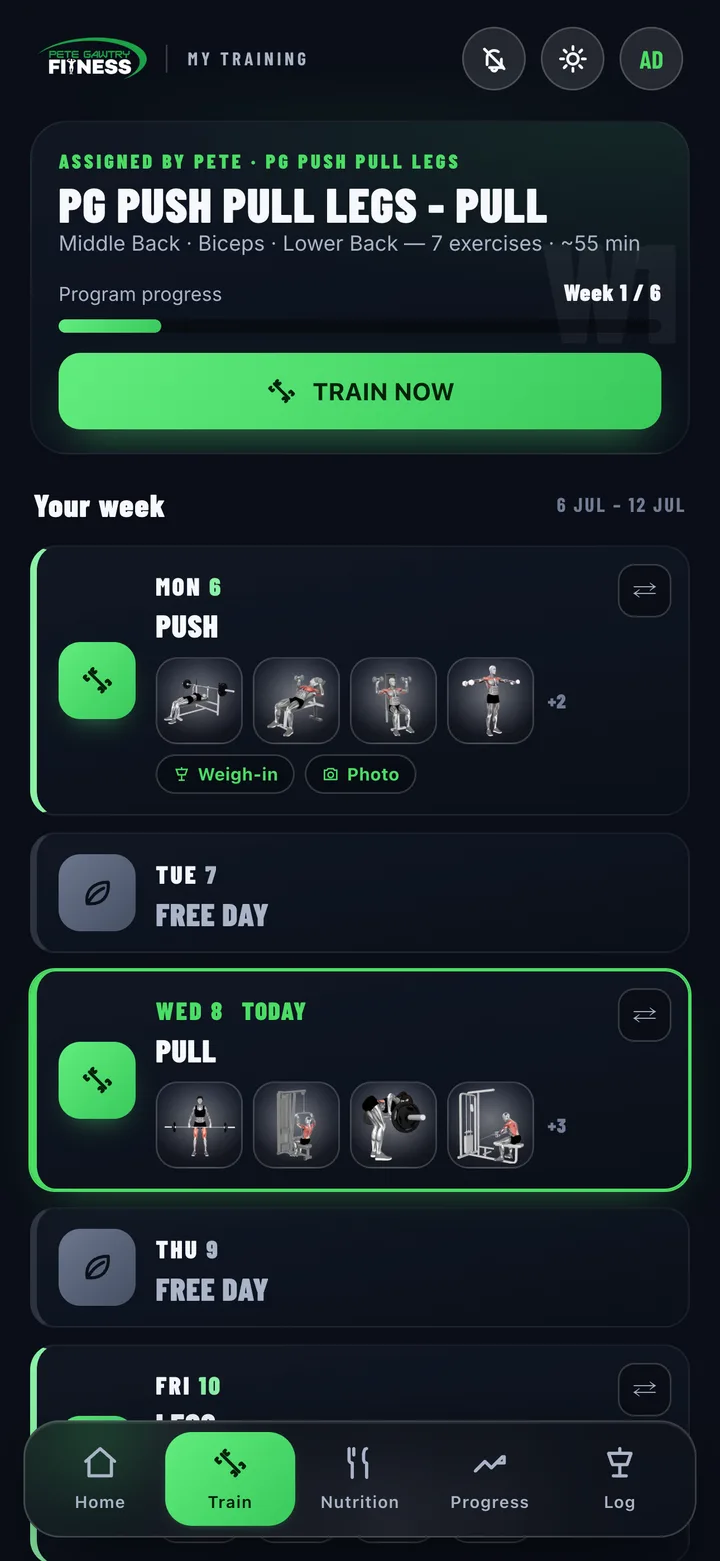 Weekly training plan in the Pete Gawtry Fitness app