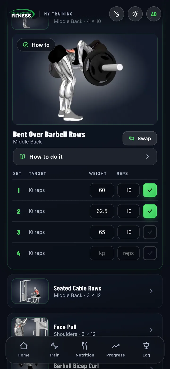 Workout logging screen in the Pete Gawtry Fitness app