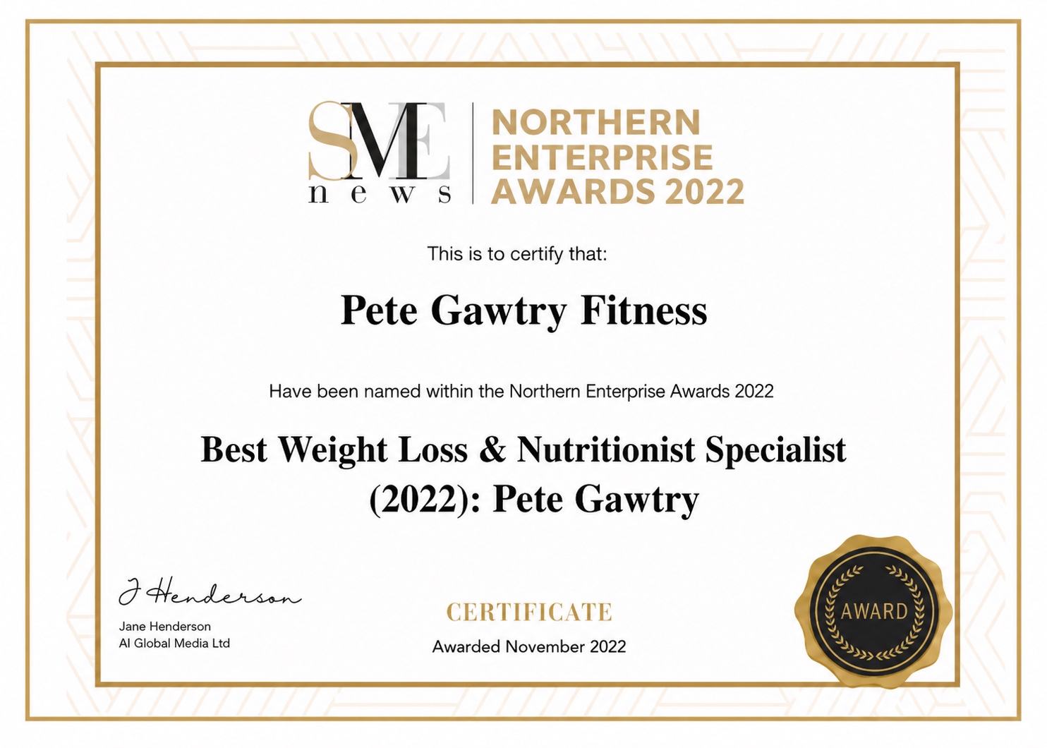 Best Weight Loss & Nutritionist Specialist 2022 · Northern Enterprise Awards
