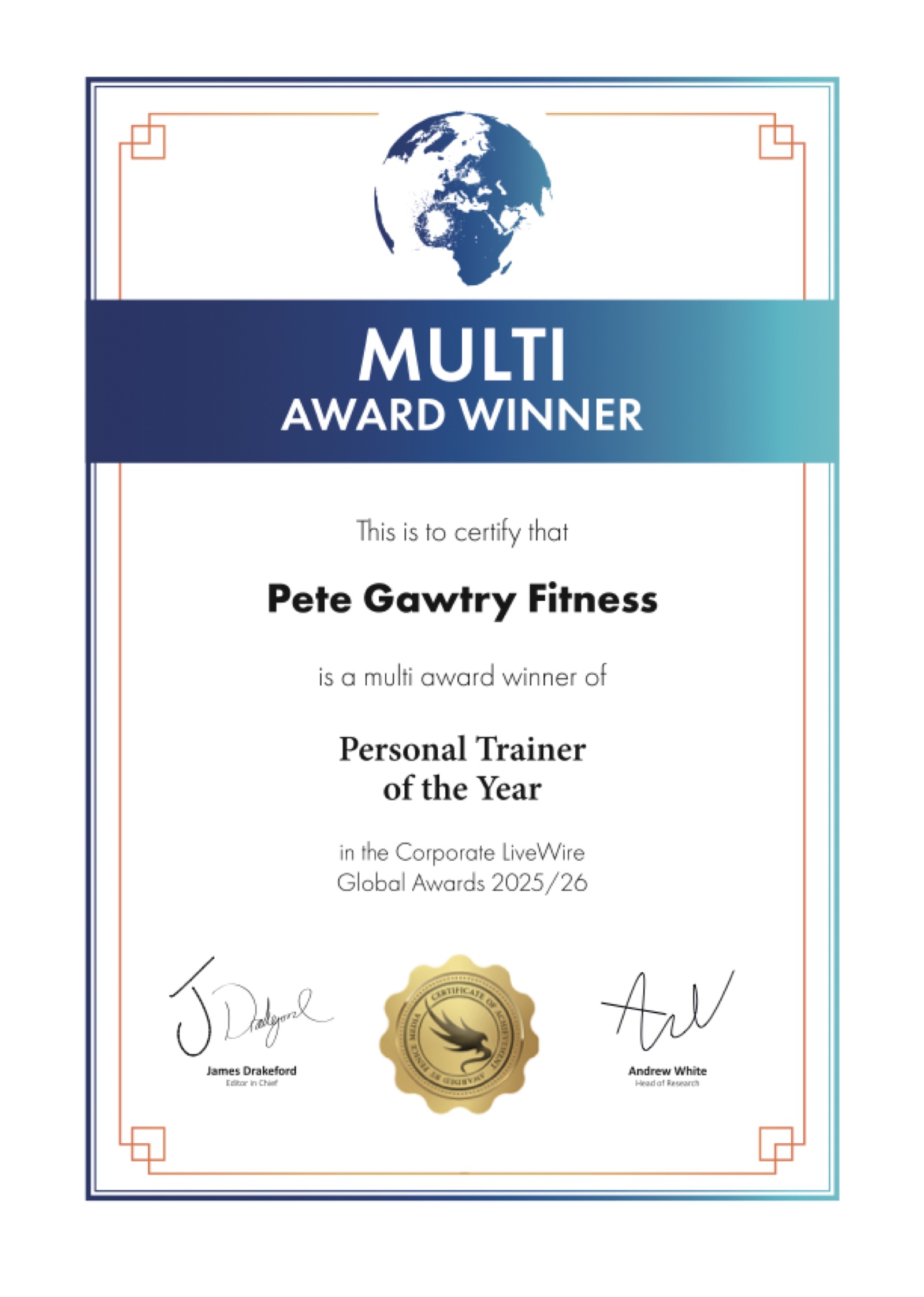 Personal Trainer of the Year 2025/26 · CorporateLiveWire Global Awards