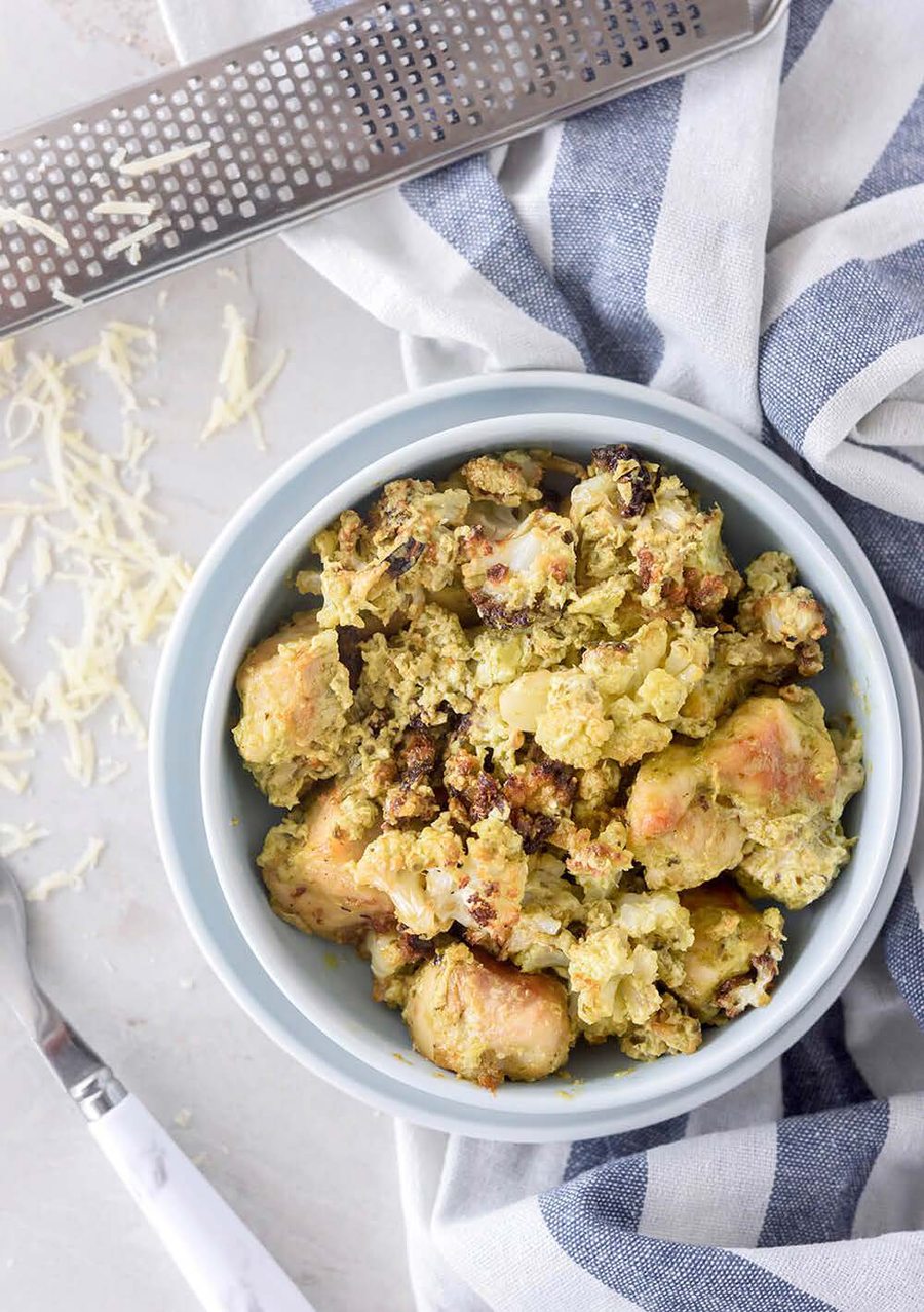 Chicken Pesto Cauliflower Casserole — keto recipe