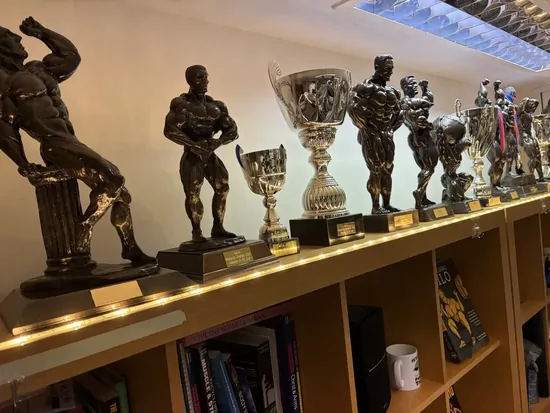 Pete Gawtry&rsquo;s bodybuilding trophies and award shelf in the studio