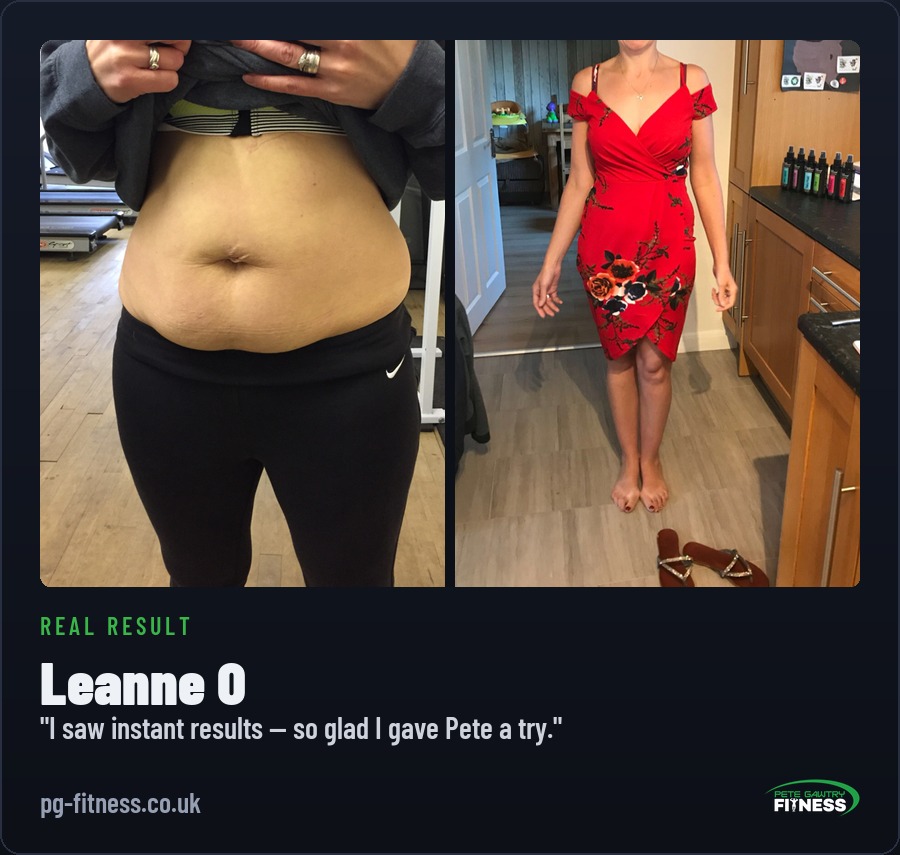 Leanne O before and after transformation with Pete Gawtry, award-winning Leeds personal trainer