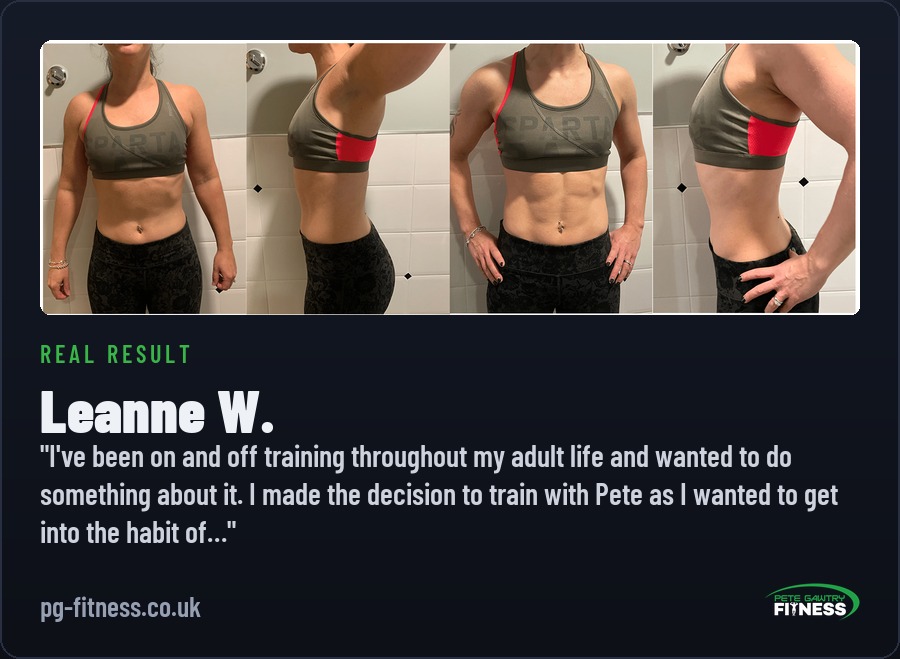 Leanne W before and after transformation with Pete Gawtry, award-winning Leeds personal trainer