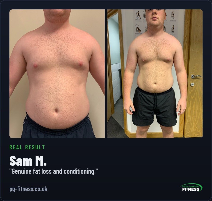 Sam M before and after transformation with Pete Gawtry, award-winning Leeds personal trainer