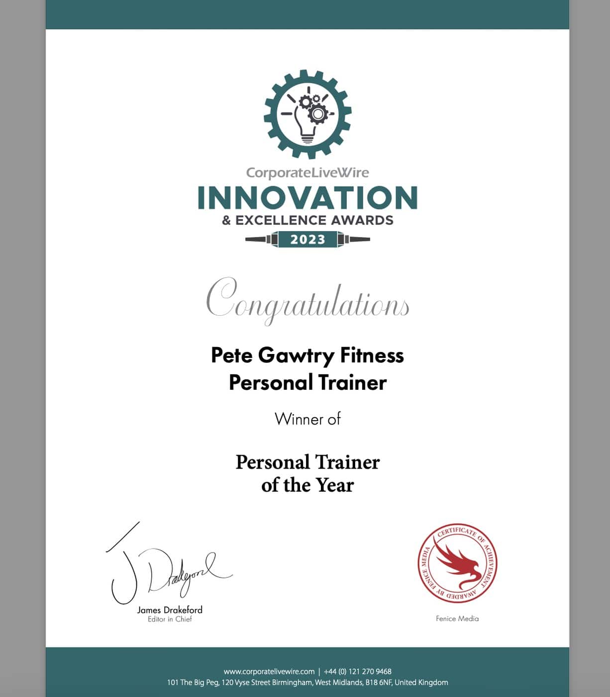 Personal Trainer of the Year 2023 — Innovation & Excellence Awards certificate