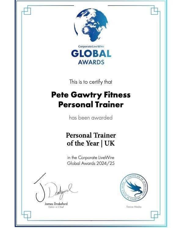 Personal Trainer of the Year UK 2024/25 — Corporate LiveWire Global Awards certificate
